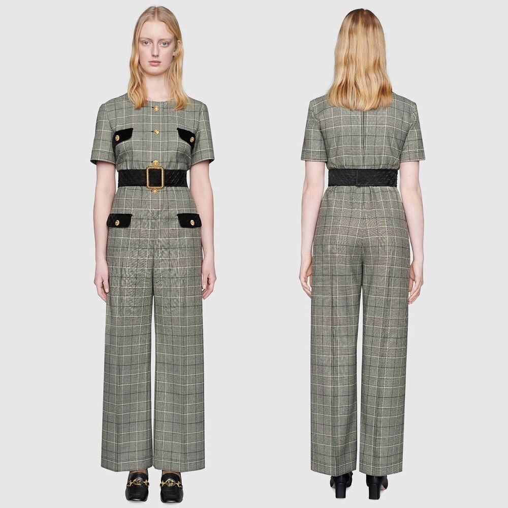 GUCCI Gray Plaid Belted Checked Wool Jumpsuit,  IT 38 (fits large), NWT